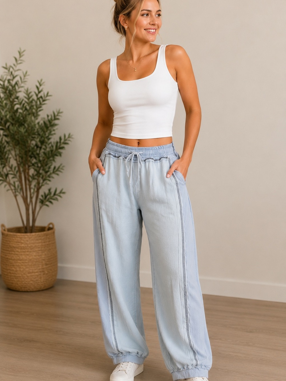 POL Pale Blue Two-Tone Drawstring Joggers